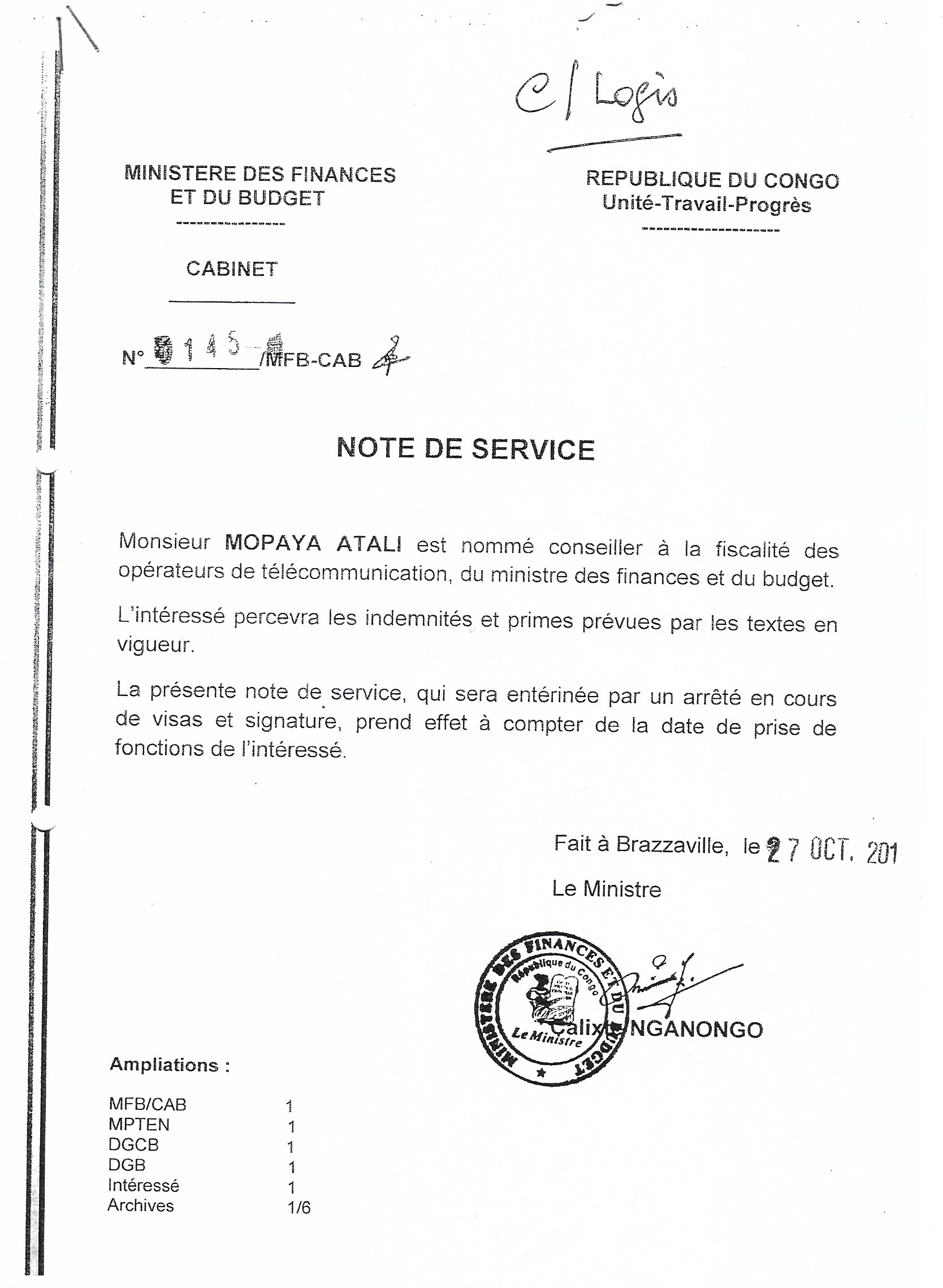 Note de Service N°0145/MFB/CAB | Ministry of Finance and Budget